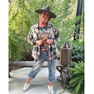 Jaded Gypsy NWT Early Morning Walks Flannel Distressed Bleached Plaid Shirt- S/M